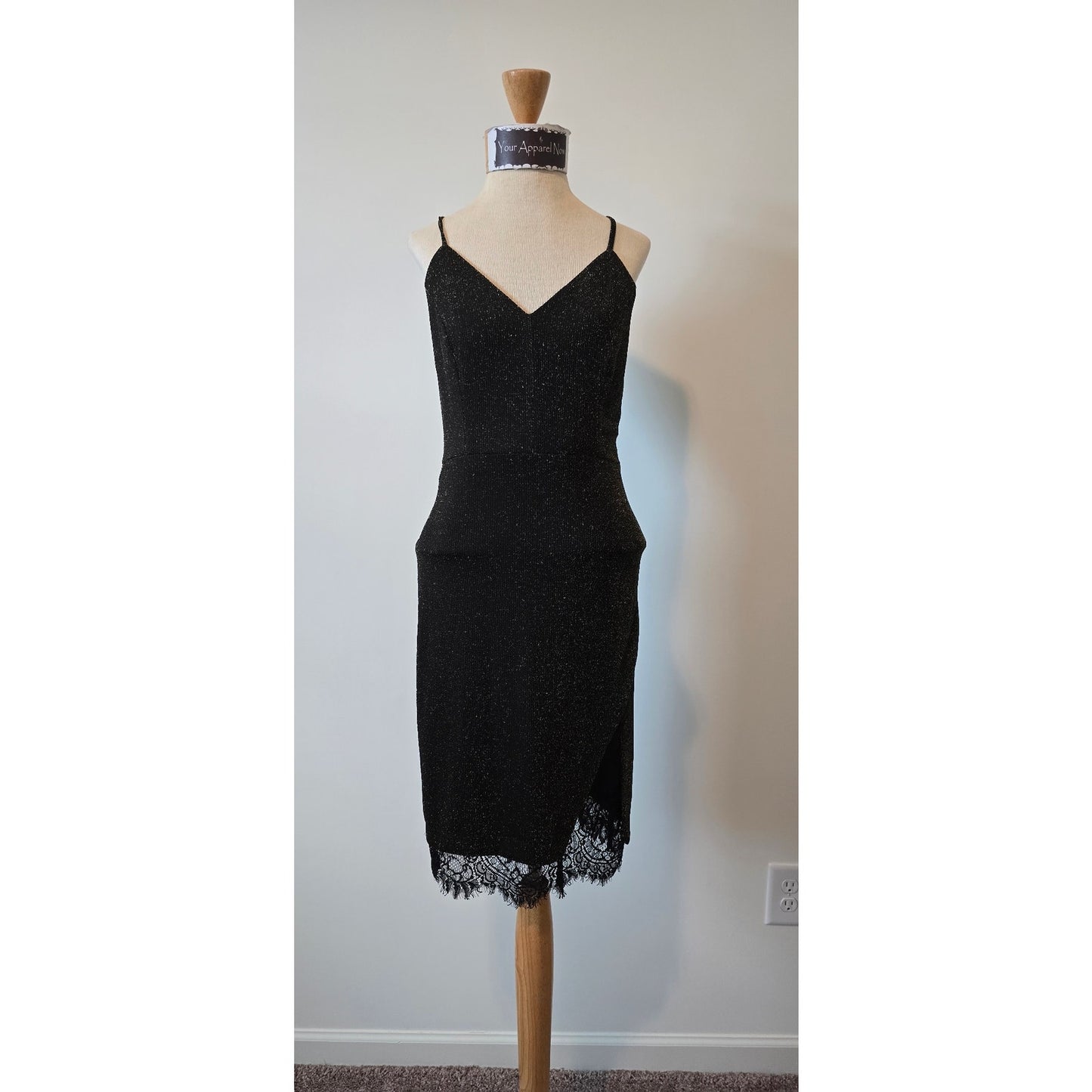 Revolve J.O.A Black Gold Metallic Lace Trim Midi Dress size Small