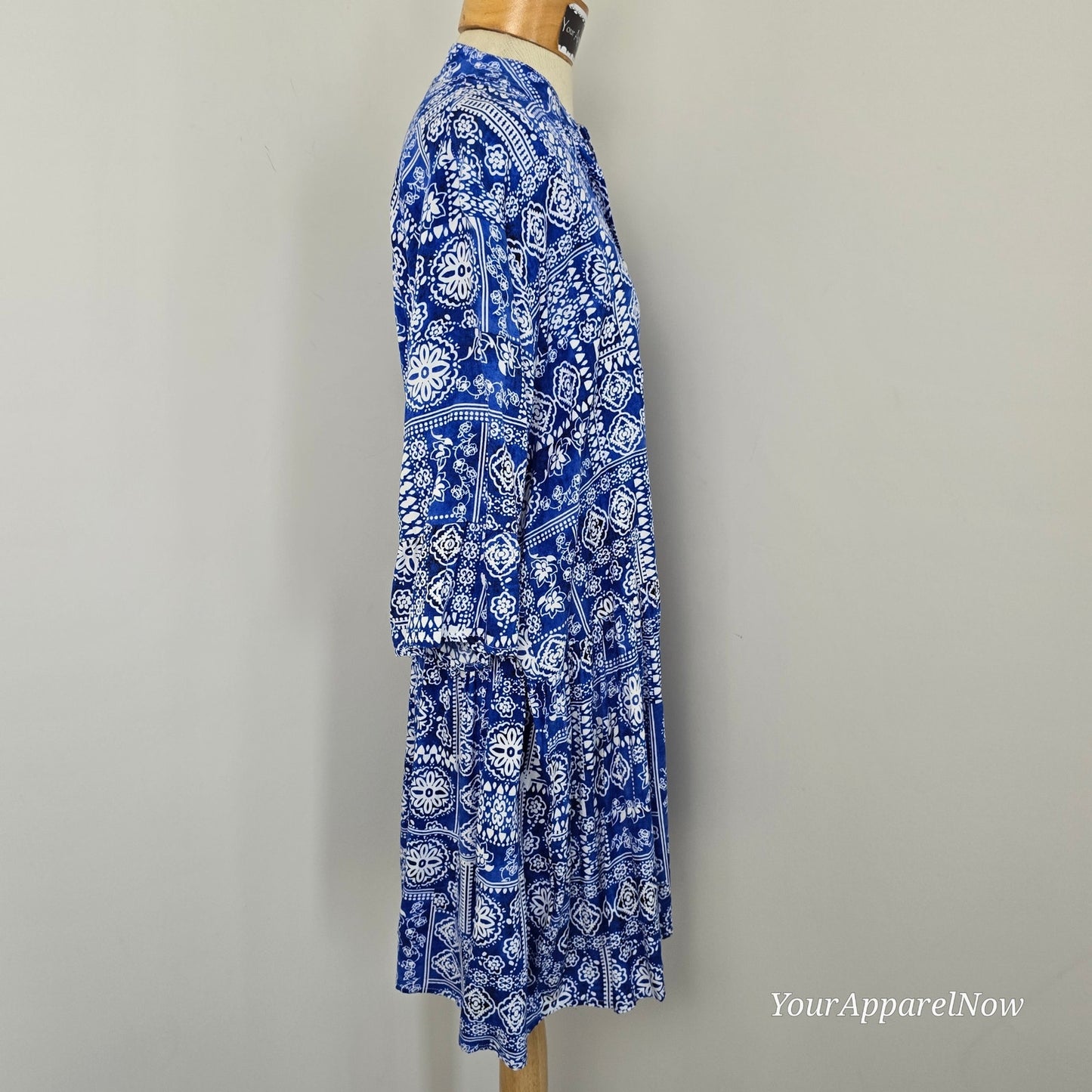 Syllagi Collection Blue & White Cotton Print Blouson Dress/Tunic Size Large