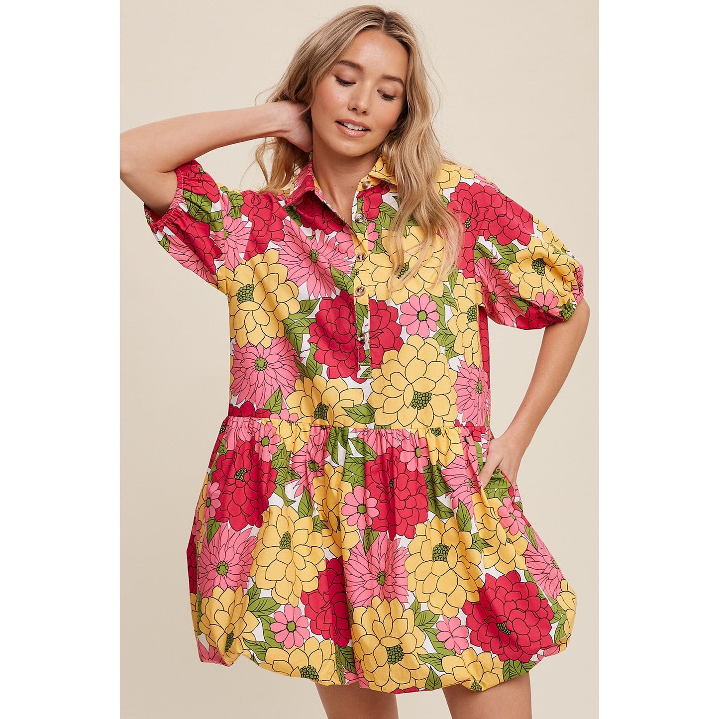 Listicle Women Cotton Floral Puff Sleeve Bubble Hem Mini Lined Dress Sz L (827)