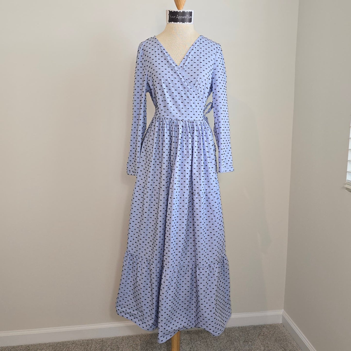 BAUM UND PHERDGARTEN Women Blue Polka Dot Long Sleeves Maxi Wrap Dress Size 40