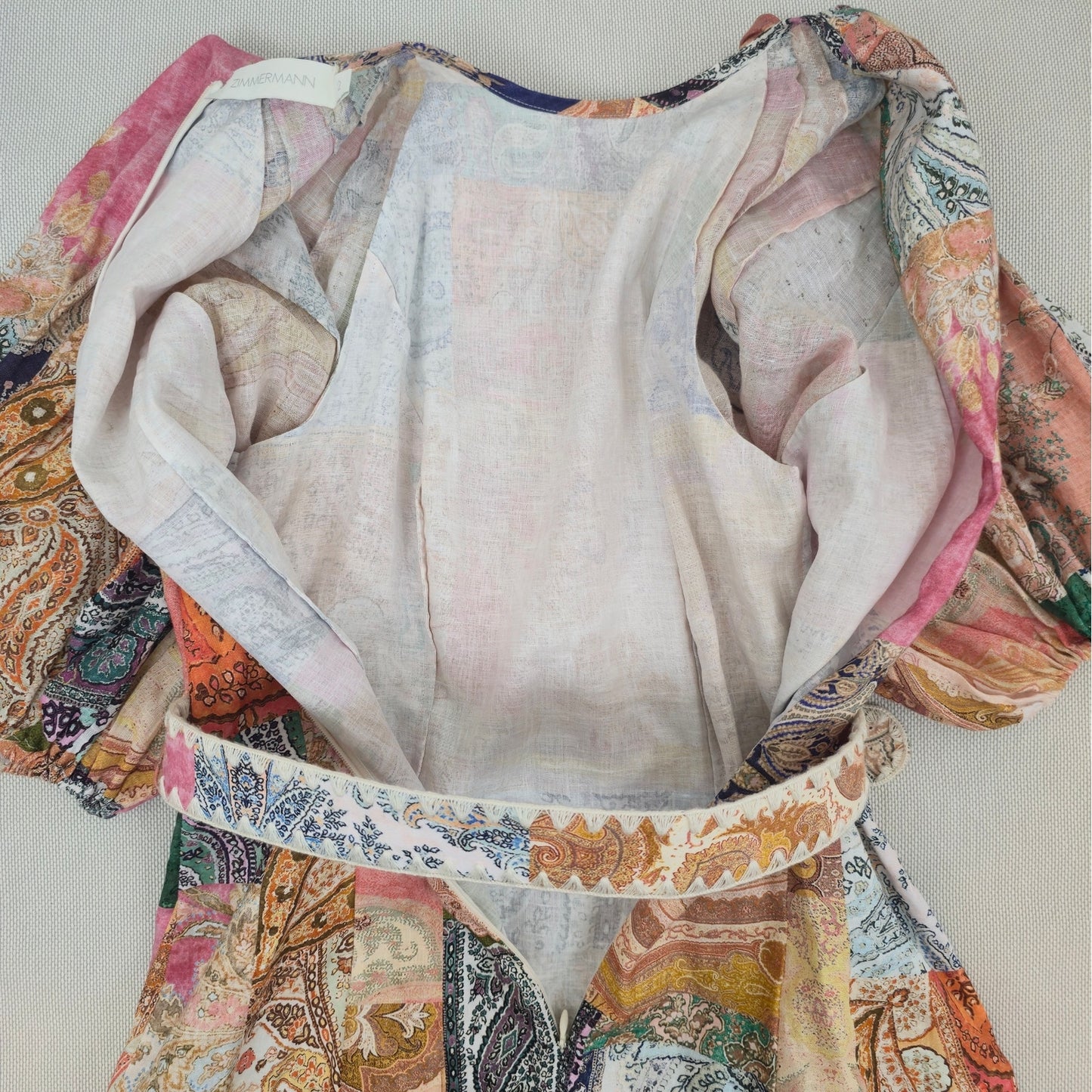 ZIMMERMANN Multi-Color Linen Anneke Ruffle Hem Patchwork Mini Dress Sz 2