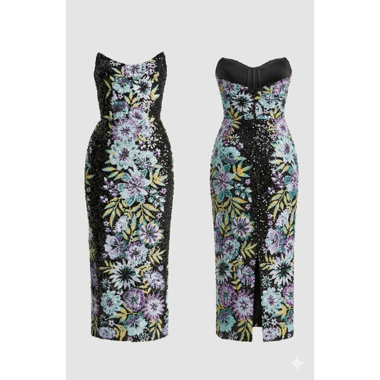 HELSI Alessandra Sequin Strapless Midi Dress Black Multi Floral Size M NWT