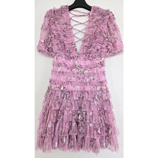 Mac Duggal V-Neck Floral Mesh Ruffle Mini Dress sz 2 NWT LoveShackFancy vibes
