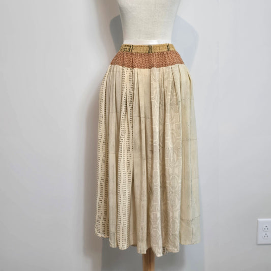 VOLANTIS Beige Tan Elastis Boho Waist Silk Midi Skirt Sz 40 (736)