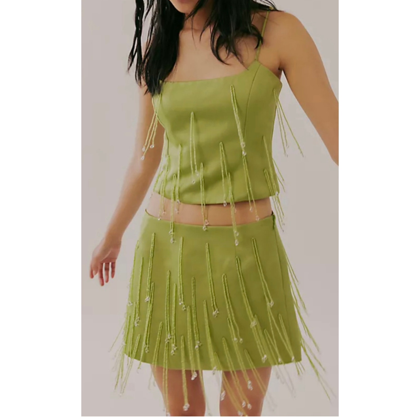 Anthro. DELFI Green Draped Beaded Detail Bijou and Joya Skirt Set Sz Medium