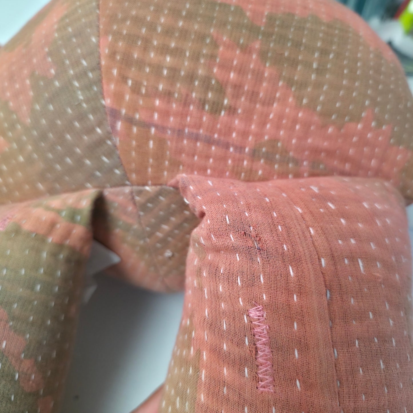 Free People Peach Green Camo Pattern hues Vintage Kantha Quilt Bear
