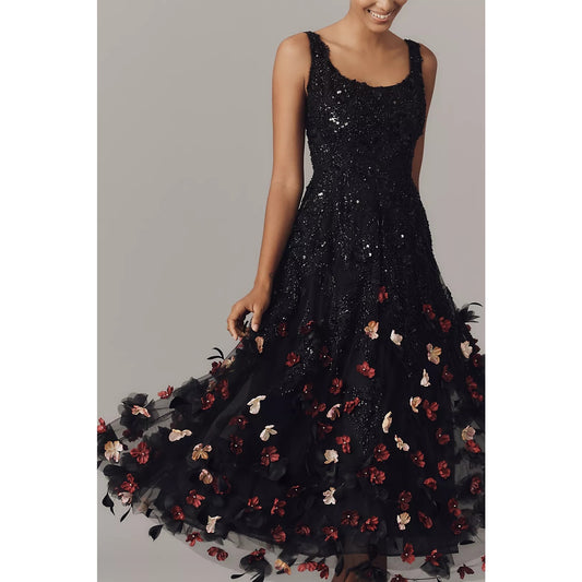 Mac Duggal Sleeveless Sequin Floral Appliqué Midi Dress Sz 2 NWT