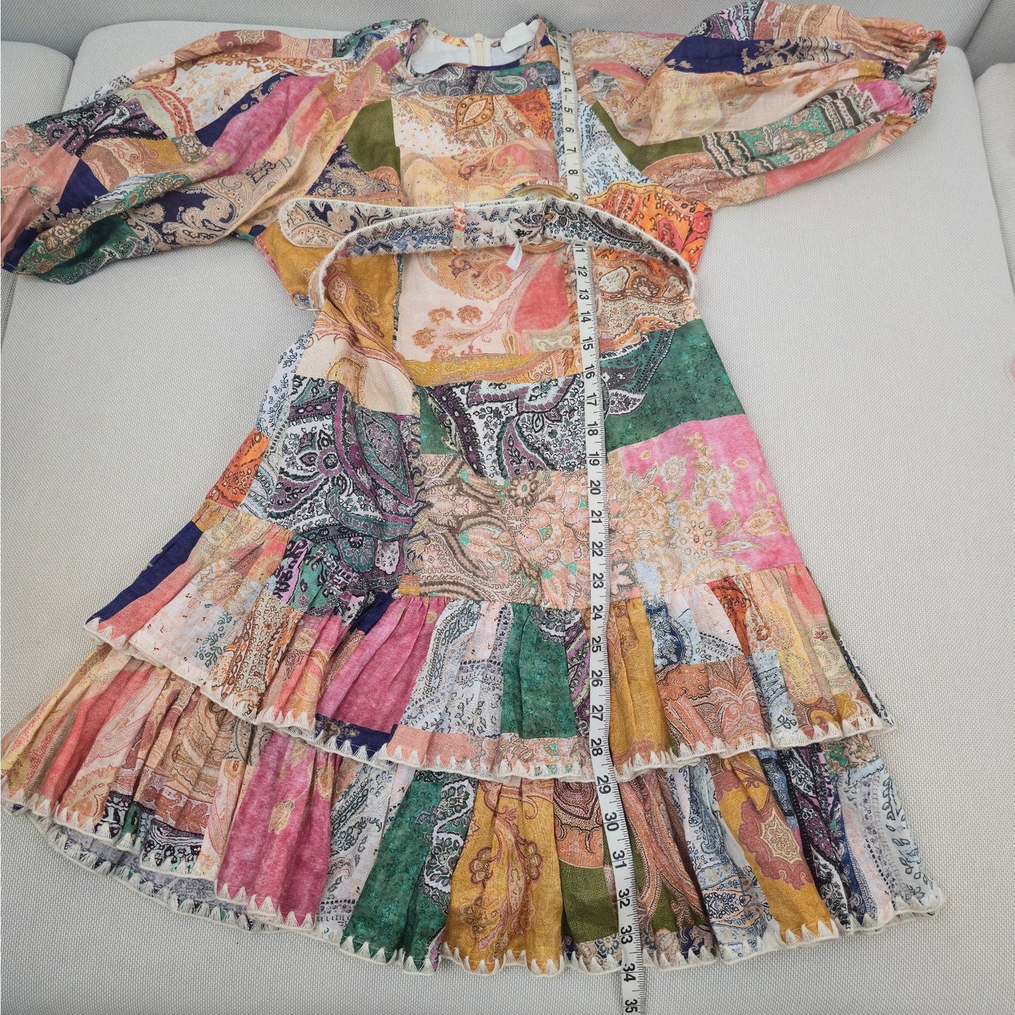 ZIMMERMANN Multi-Color Linen Anneke Ruffle Hem Patchwork Mini Dress Sz 2