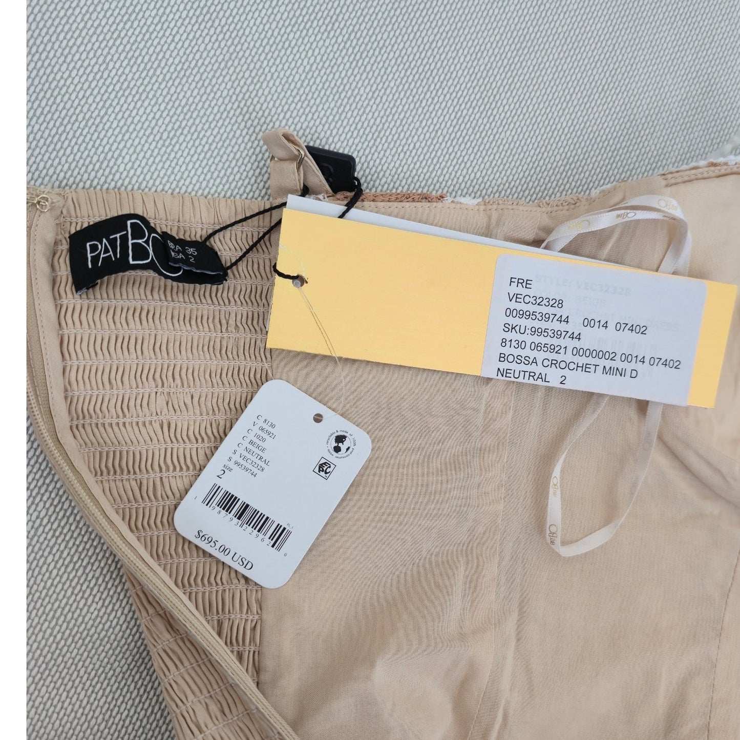 PATBO Beige Bossa Crochet Corset Style Sleeveless Mini Dress Sz 2 NWT