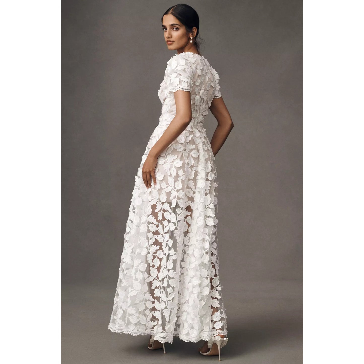 Helsi Clara Puff-Sleeve Sheer Floral Appliqué Maxi Dress Sz Medium NWT