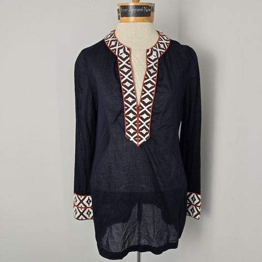 Tory Burch Navy V-Neck Long Sleeves Sheer Tunic Top Sz 4 (669)