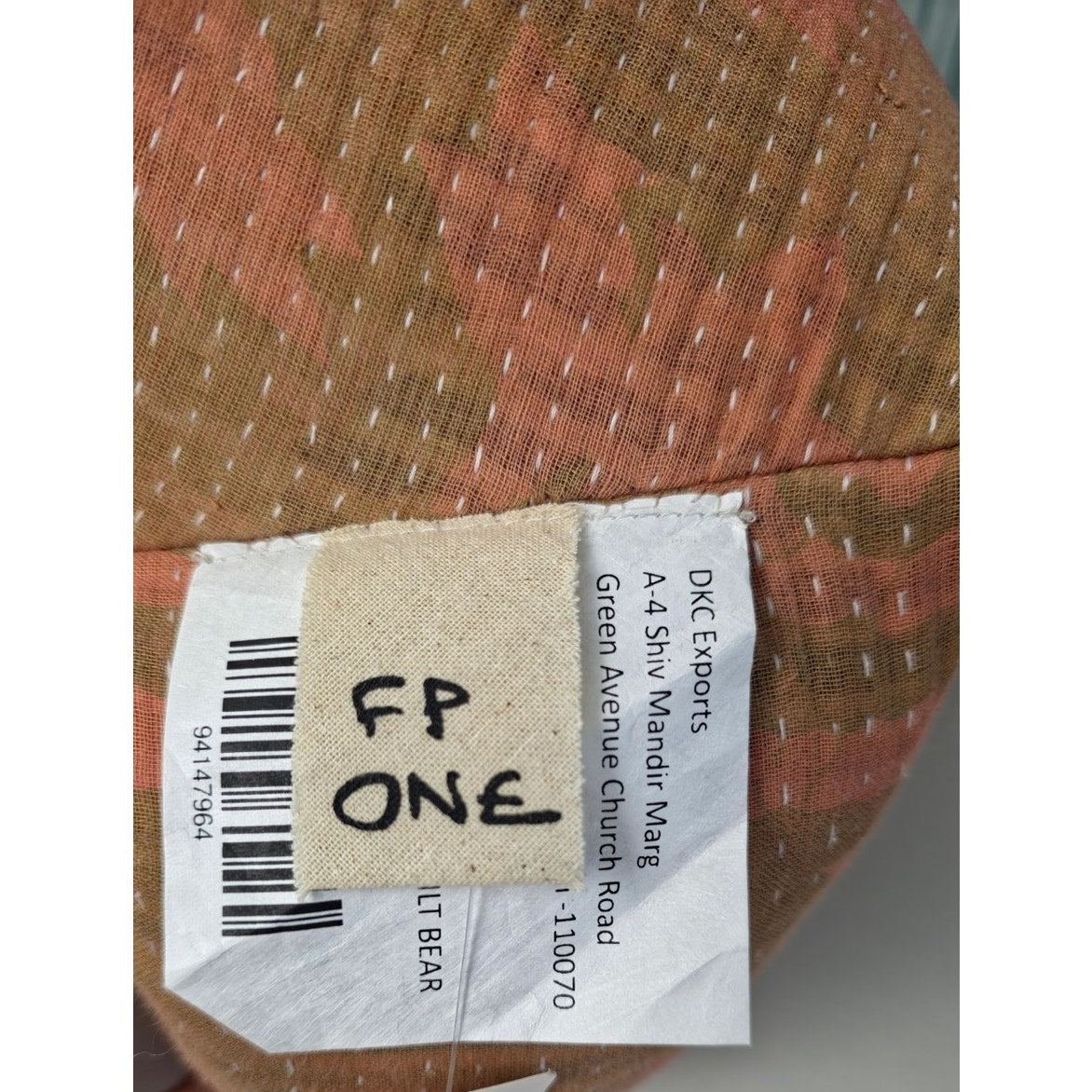 Free People Peach Green Camo Pattern hues Vintage Kantha Quilt Bear