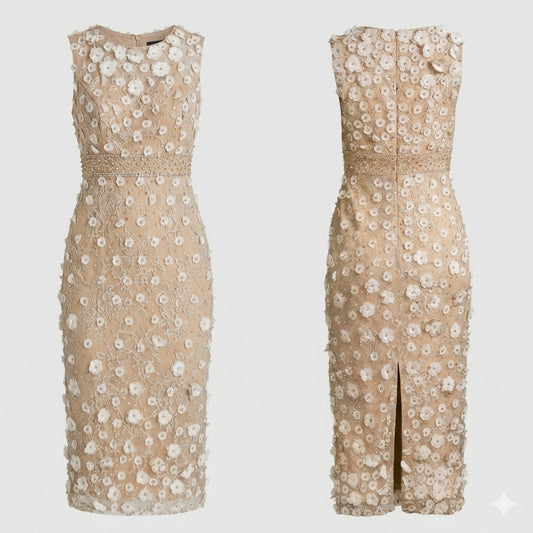 Mac Duggal Nude Floral Applique Sleeveless Midi Dress Ivory Size 0 NWT+I