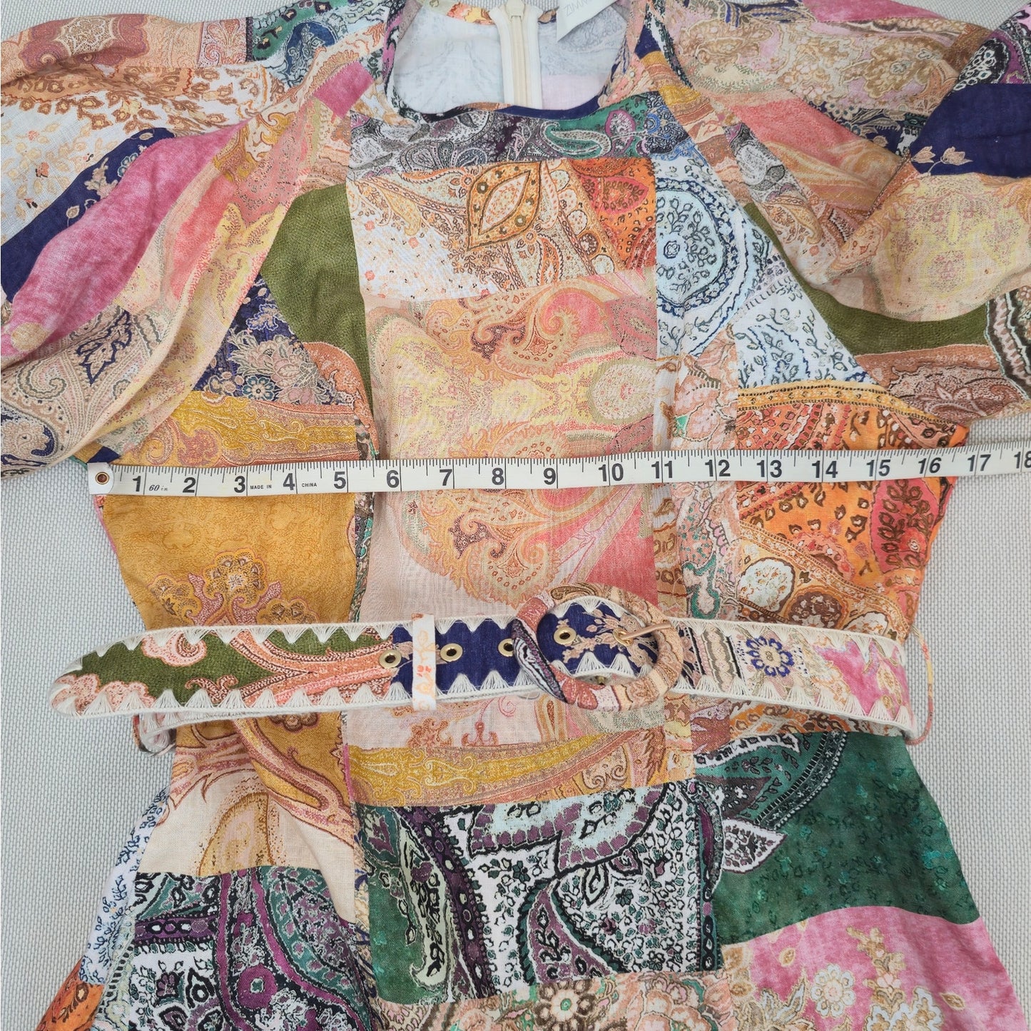 ZIMMERMANN Multi-Color Linen Anneke Ruffle Hem Patchwork Mini Dress Sz 2