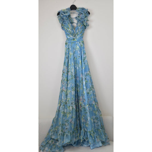 Mac Duggal Blue Ruffle Tiered Floral Cut-Out Chiffon Gown Sz 0 NWT