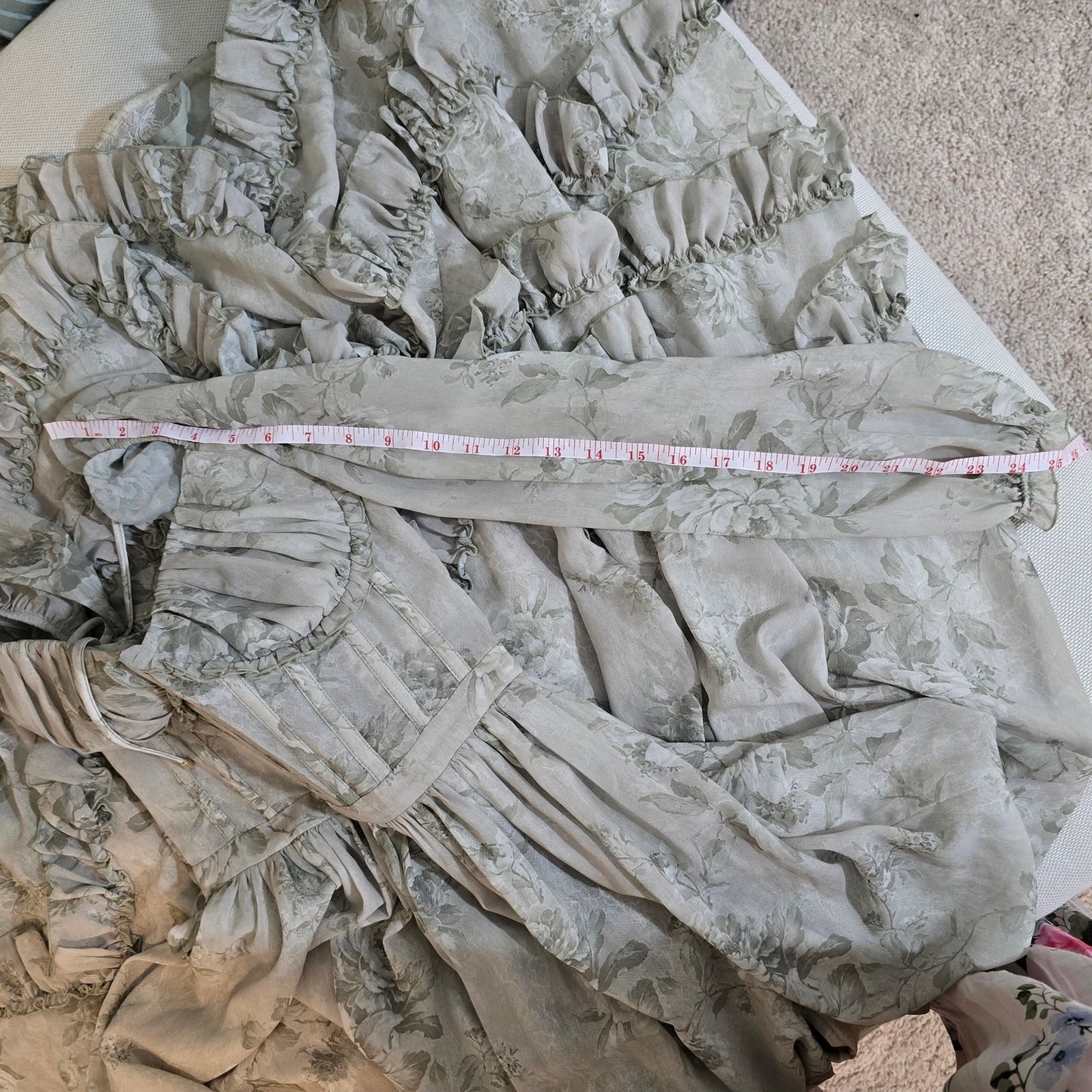 V. Chapman Sage Tapestry Carmella Long Sleeve Corset Chiffon Maxi Dress