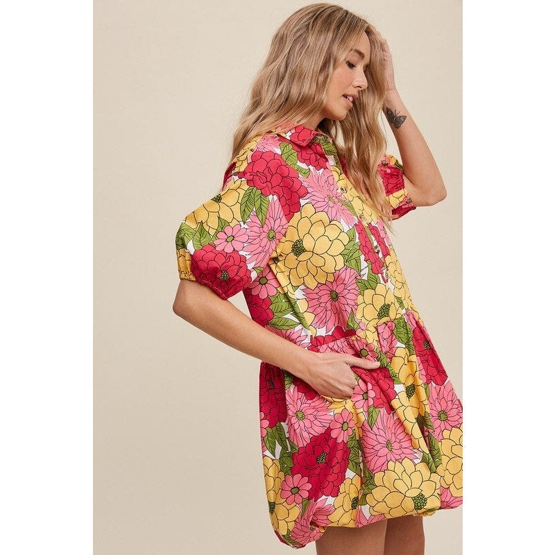 Listicle Women Cotton Floral Puff Sleeve Bubble Hem Mini Lined Dress Sz L (827)