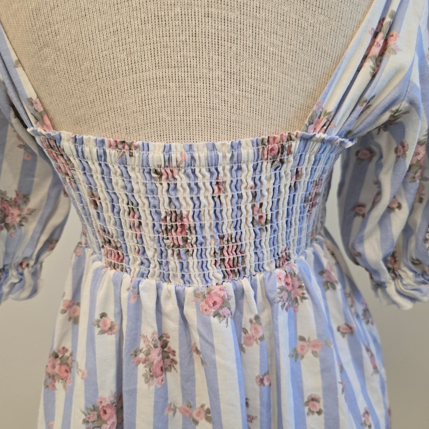 Show Me Your Mumu Addie White Blue Stripes Floral Short Sleeve Mini Dress Sz M