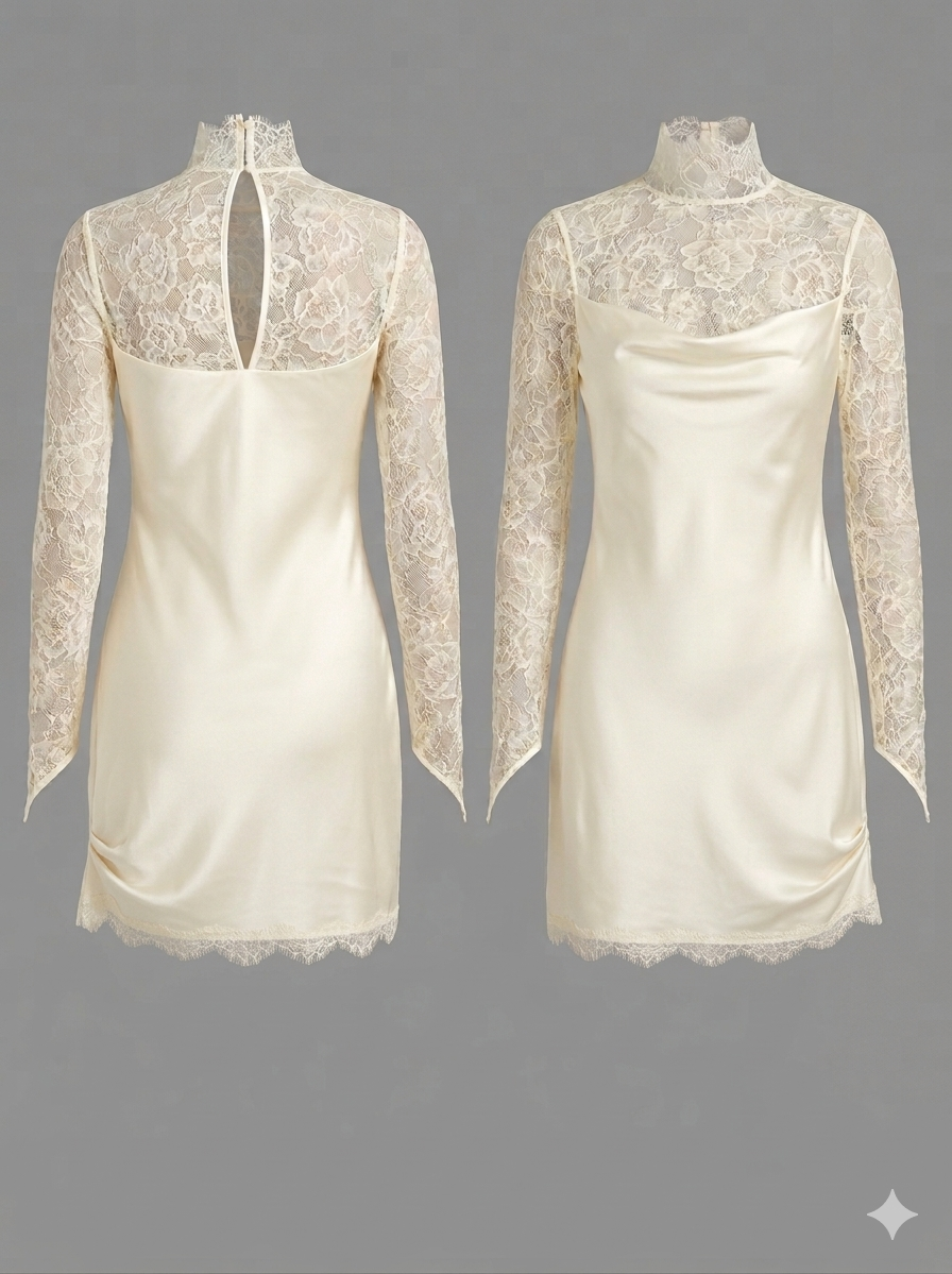 De La Vali Ivory Croissant Long-Sleeve Lace Wedding Mini Dress Sz 8 NWT