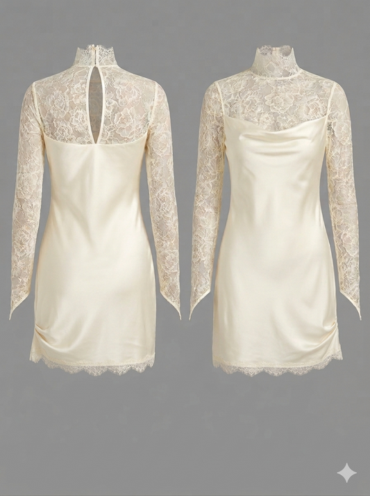 De La Vali Ivory Croissant Long-Sleeve Lace Wedding Mini Dress Sz 12 NWT