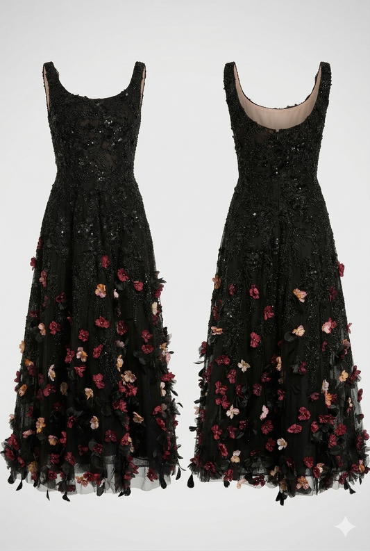 Mac Duggal Sleeveless Sequin Floral Appliqué Midi Dress Sz 2 NWT