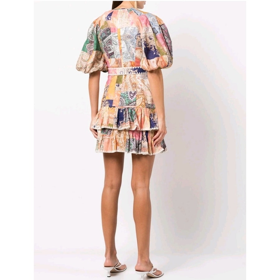 ZIMMERMANN Multi-Color Linen Anneke Ruffle Hem Patchwork Mini Dress Sz 2