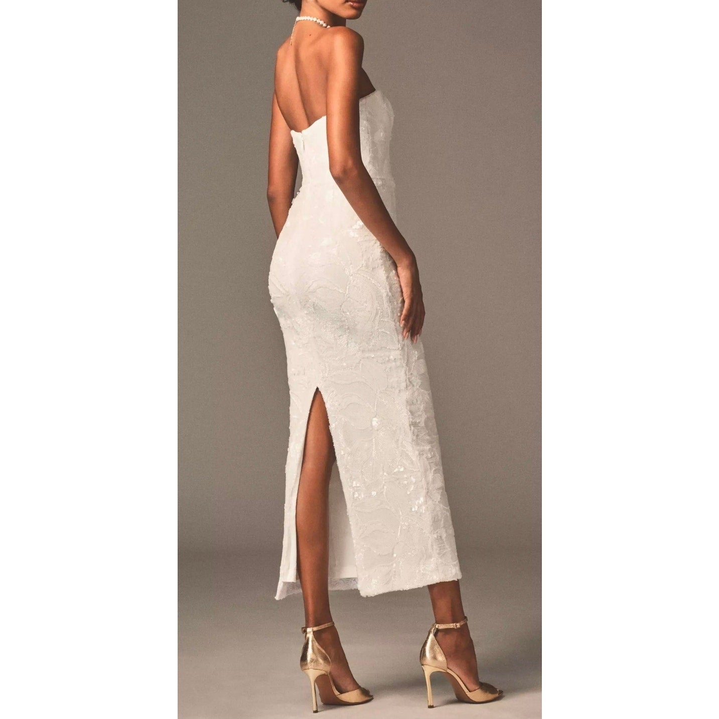 Helsi White Leslie Strapless Sequin Lace Column Midi Dress Sz Medium