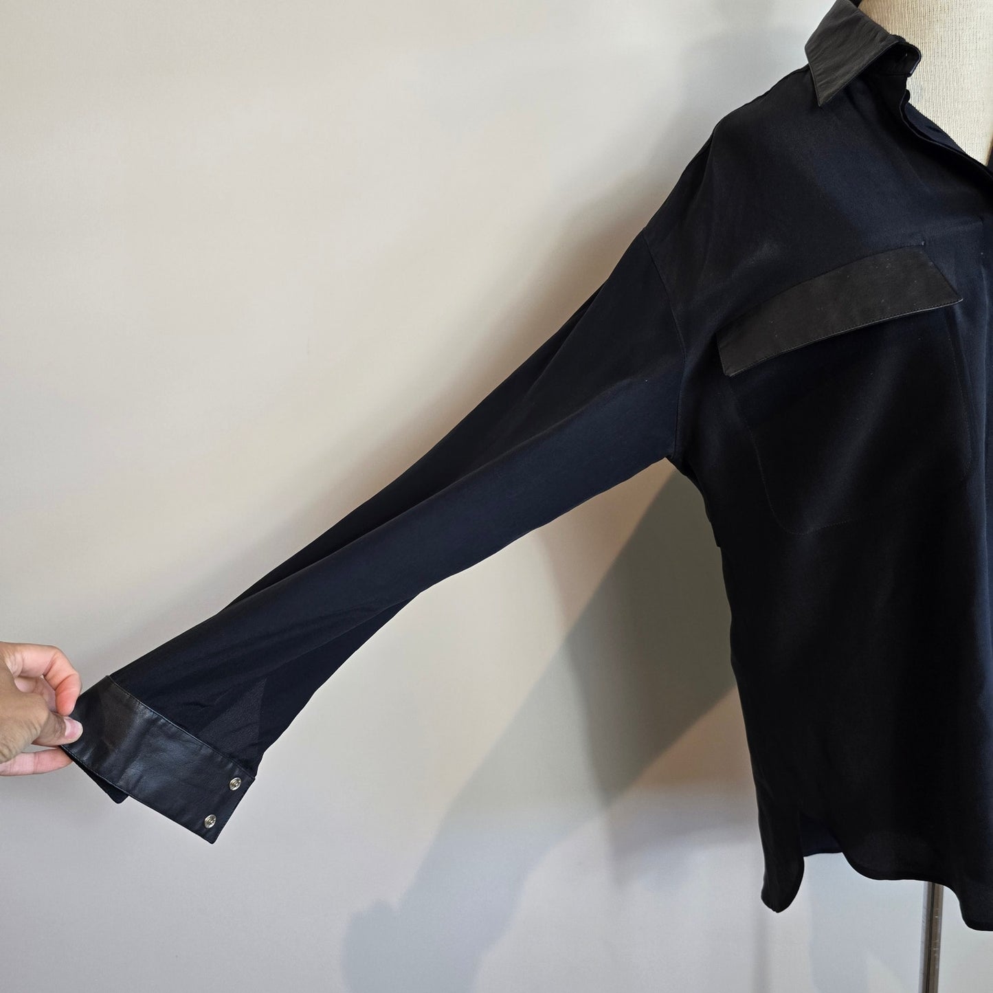 Vintage BOK HAUTE COUTURE Black Button Down Blouse Leather Trim (741)