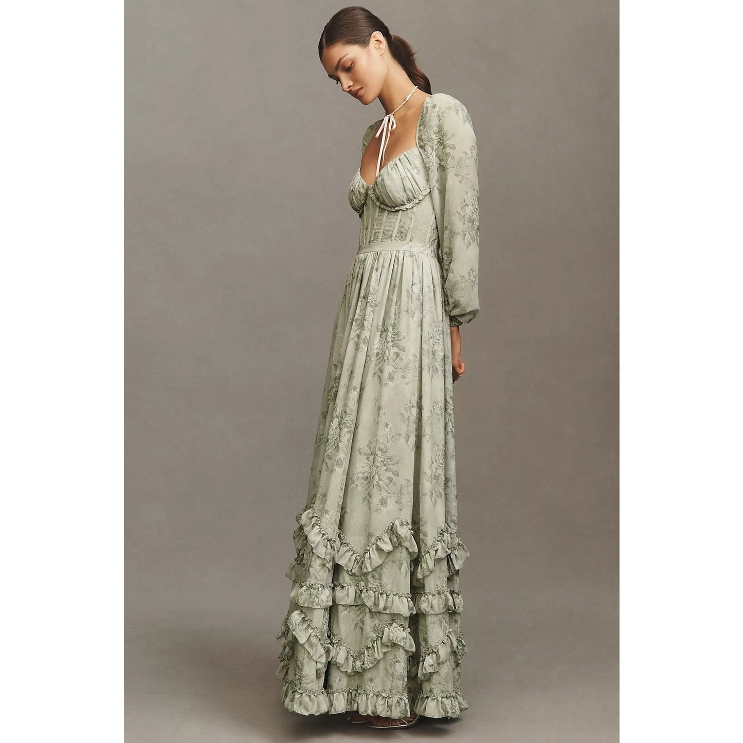 V. Chapman Sage Tapestry Carmella Long Sleeve Corset Chiffon Maxi Dress