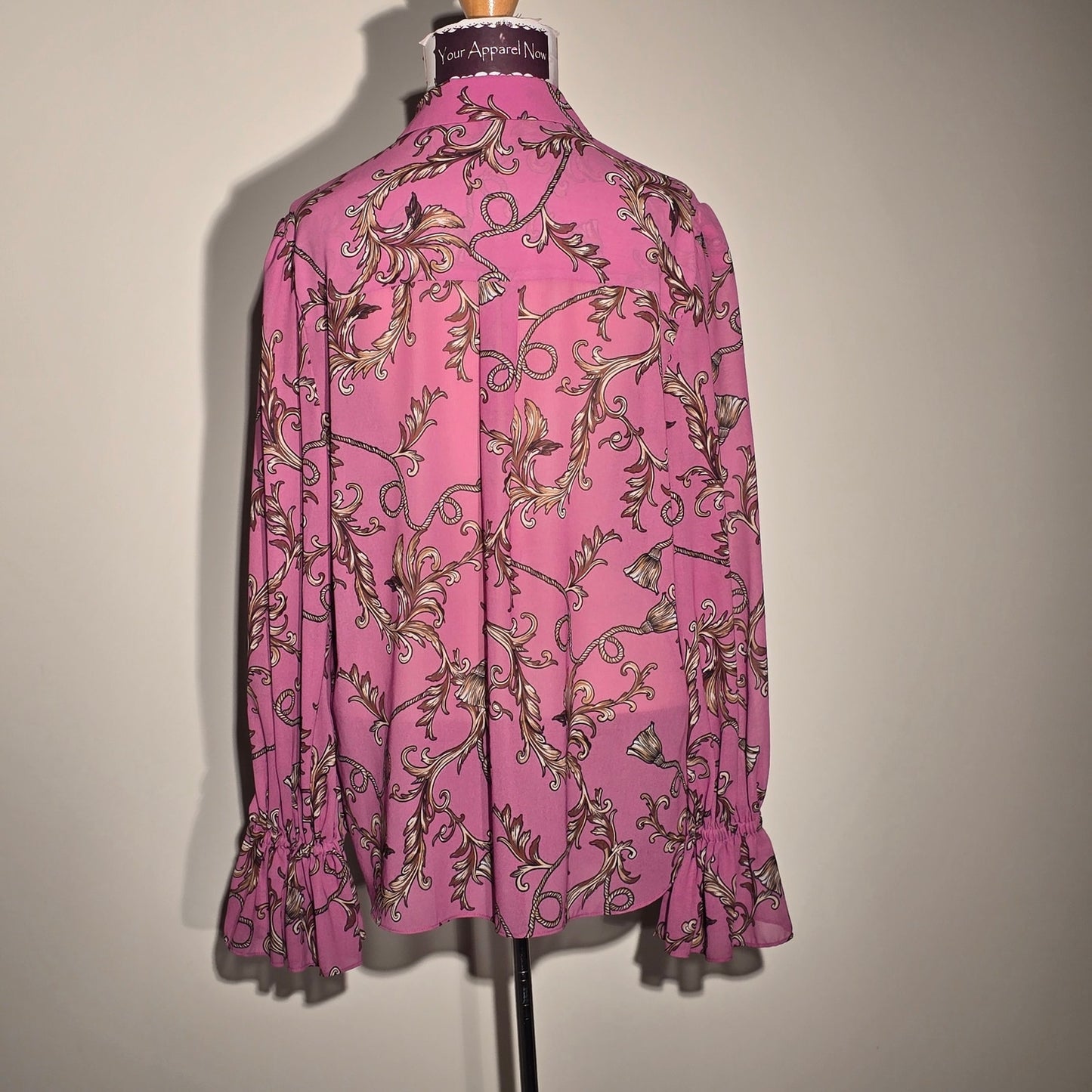 MILLY Lacey Printed Sheer Long Sleeve Chained Collared  Blouse Sz Large (808)