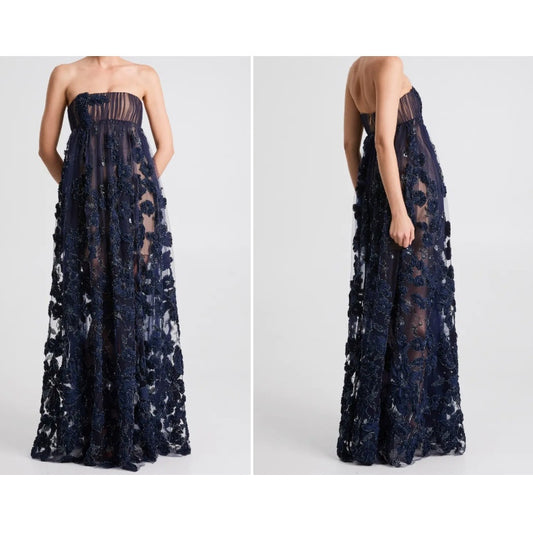 Helsi Midnight Blue Beatrice Strapless Empire Floral Appliqué Maxi Dress Sz M NWT