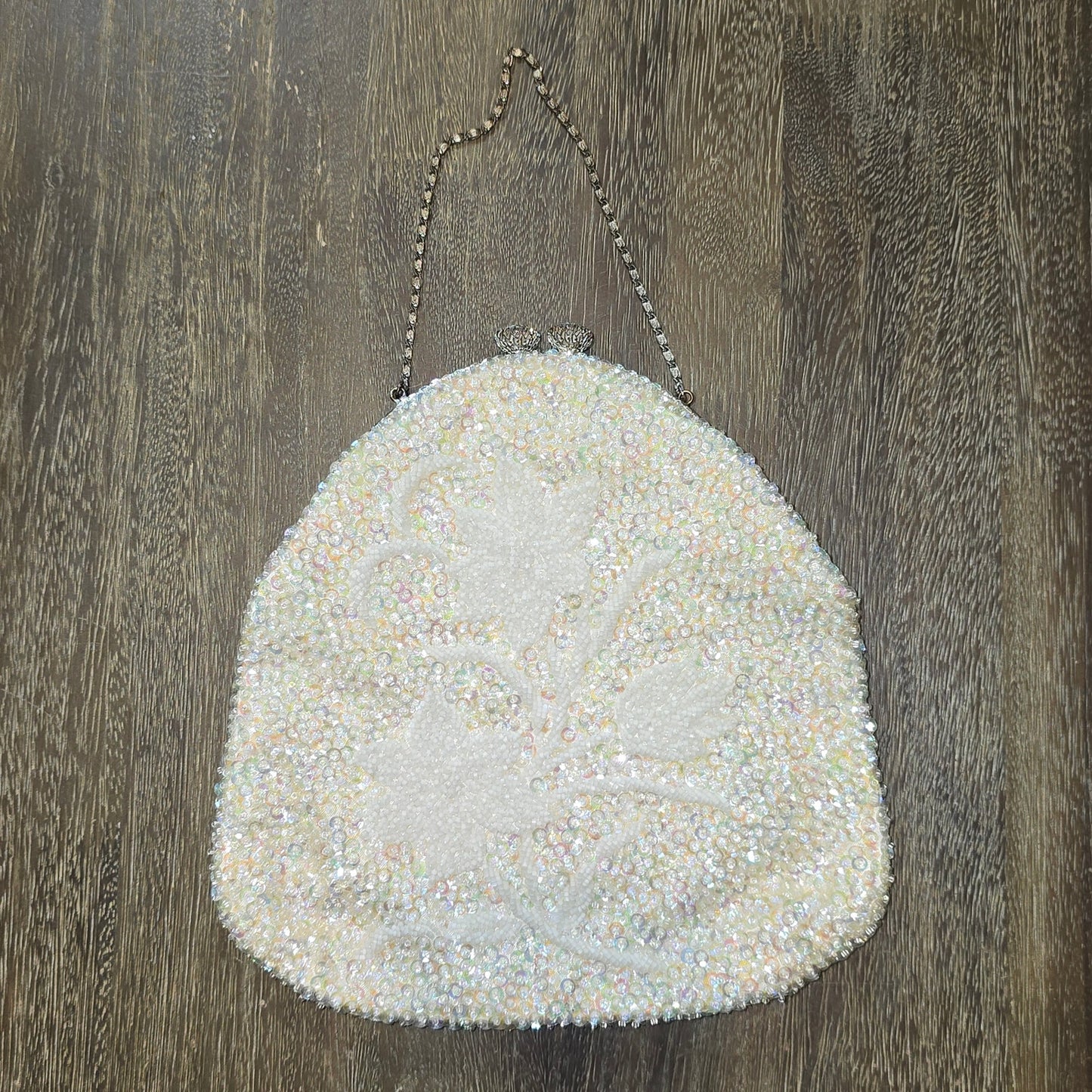 Women's Vintage White Pink Iridescent Beaded & Sequined Evening Bag Purse (714)