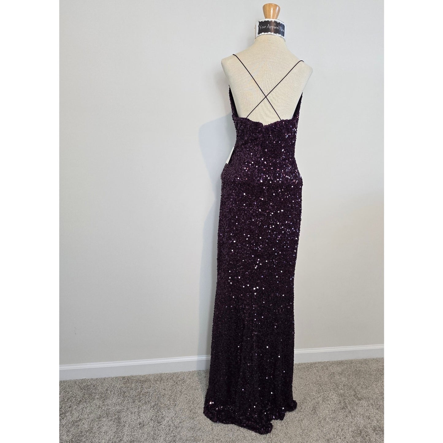 Plum Esperanza Formal Sleeveless A-line Front Slit Sequin Long Dress Sz S (758)