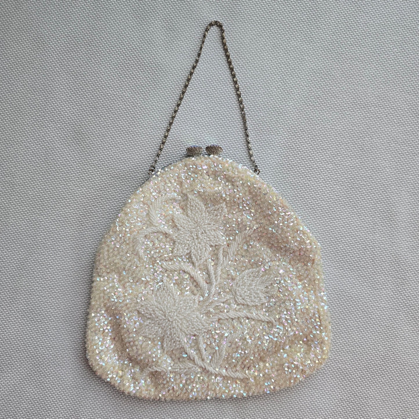 Women's Vintage White Pink Iridescent Beaded & Sequined Evening Bag Purse (714)