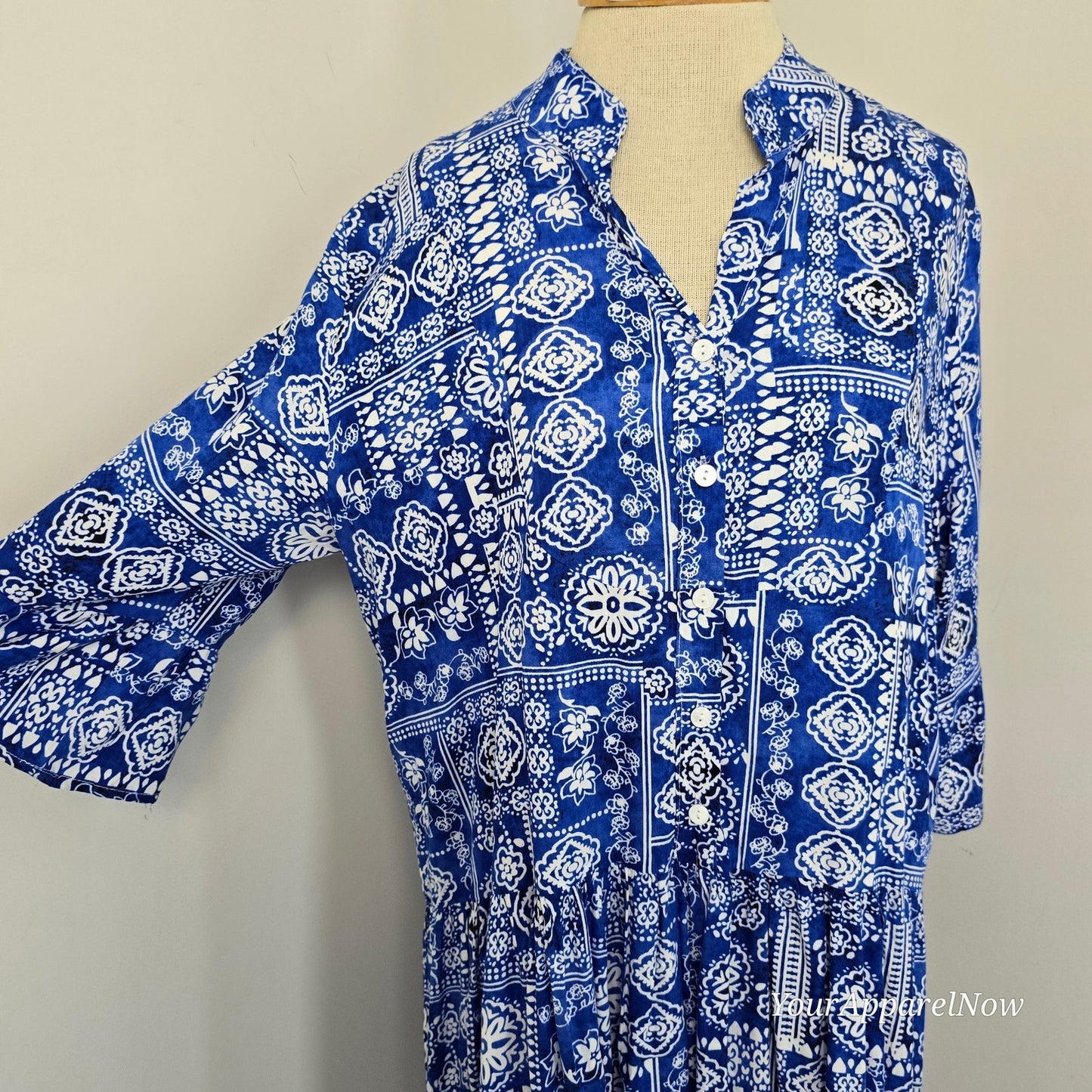 Syllagi Collection Blue & White Cotton Print Blouson Dress/Tunic Size Large