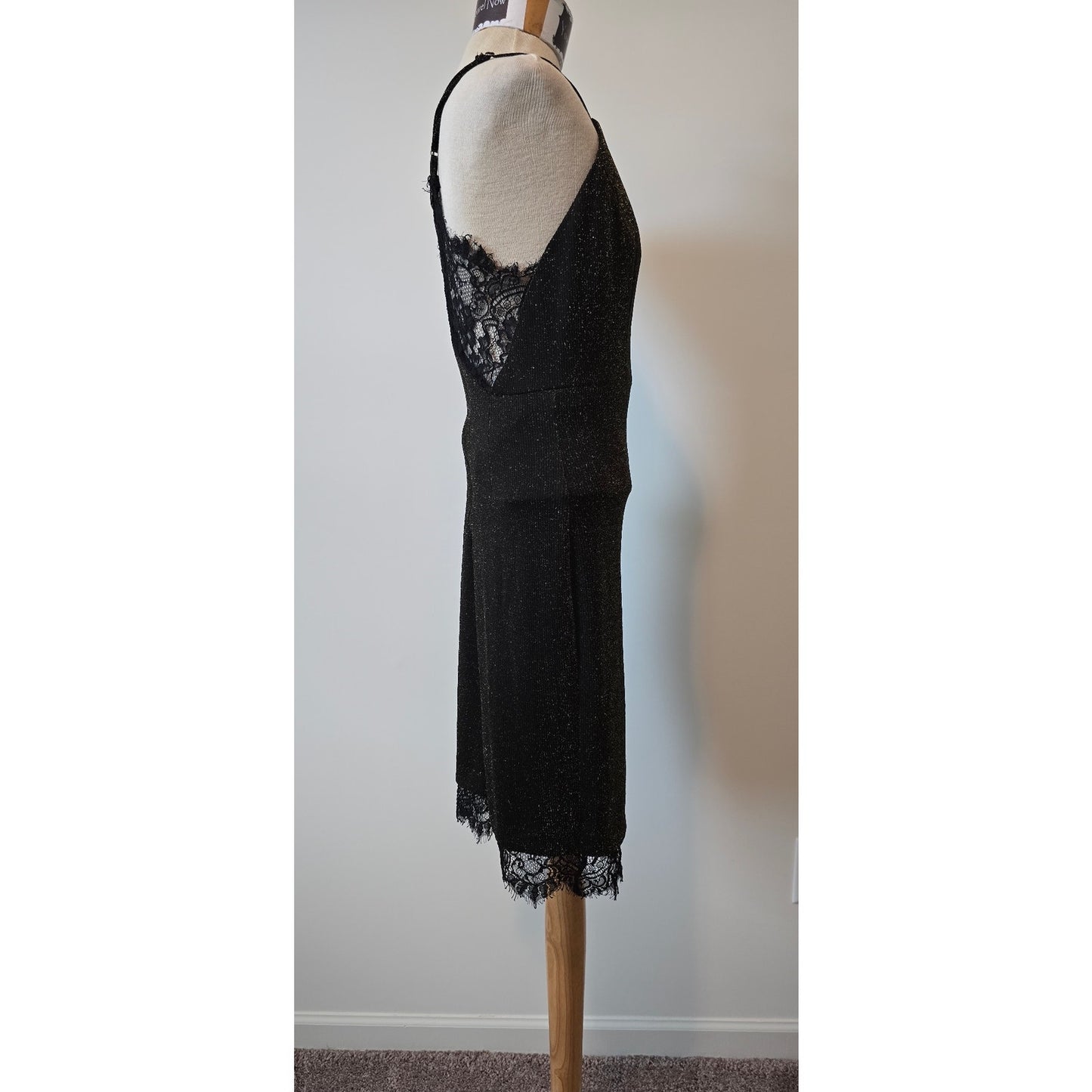 Revolve J.O.A Black Gold Metallic Lace Trim Midi Dress size Small