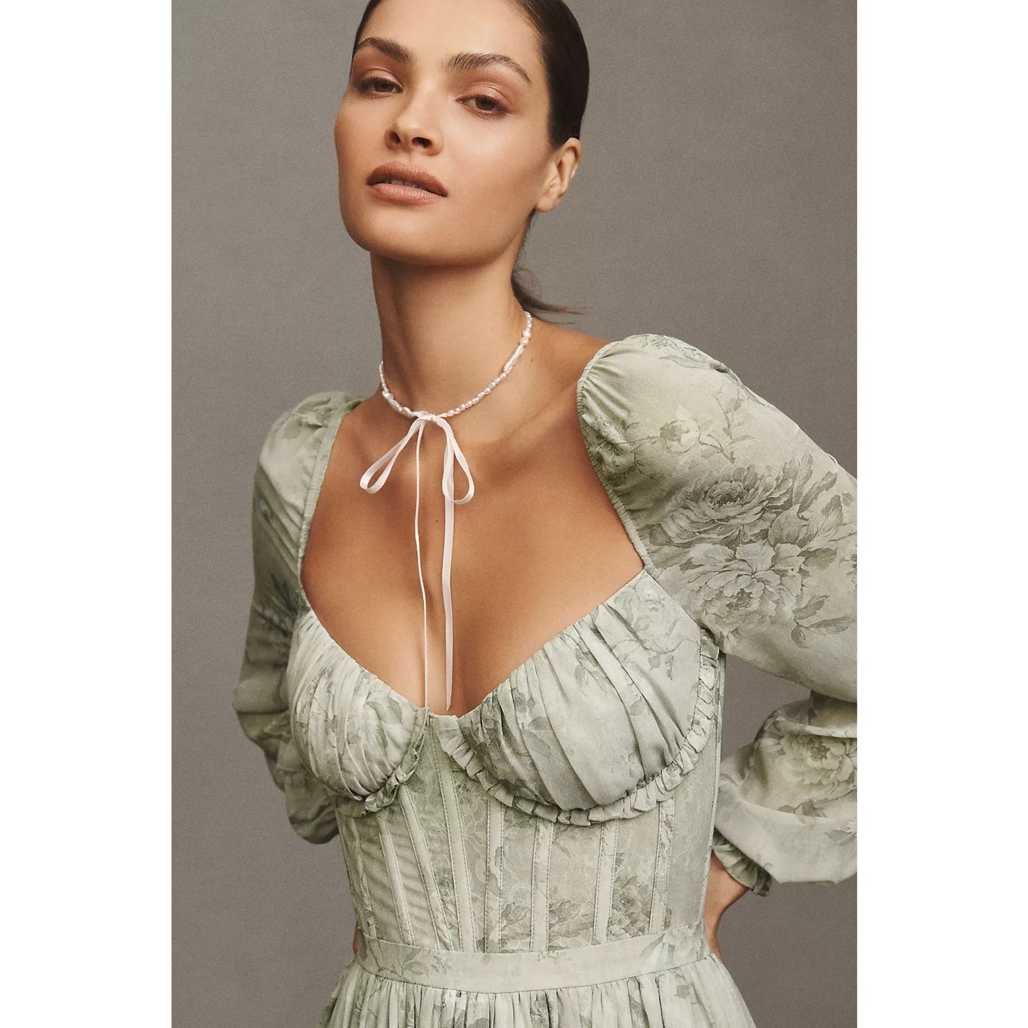 V. Chapman Sage Tapestry Carmella Long Sleeve Corset Chiffon Maxi Dress