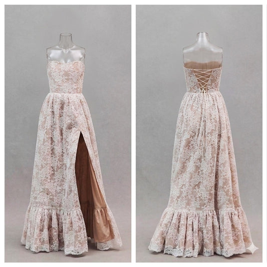 V. Chapman White Charlotte Lace Strapless Corset Slit Maxi Gown Sz 4 NWOT