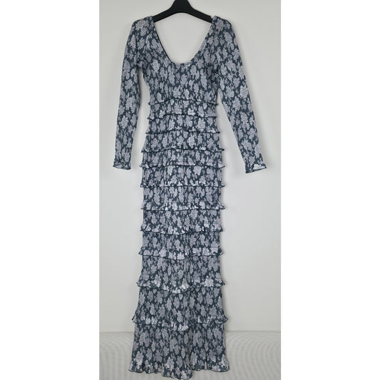 V. Chapman Lanie Emerald Peony Print Fitted Ruched Ruffled Maxi Dress Sz 6 NWT