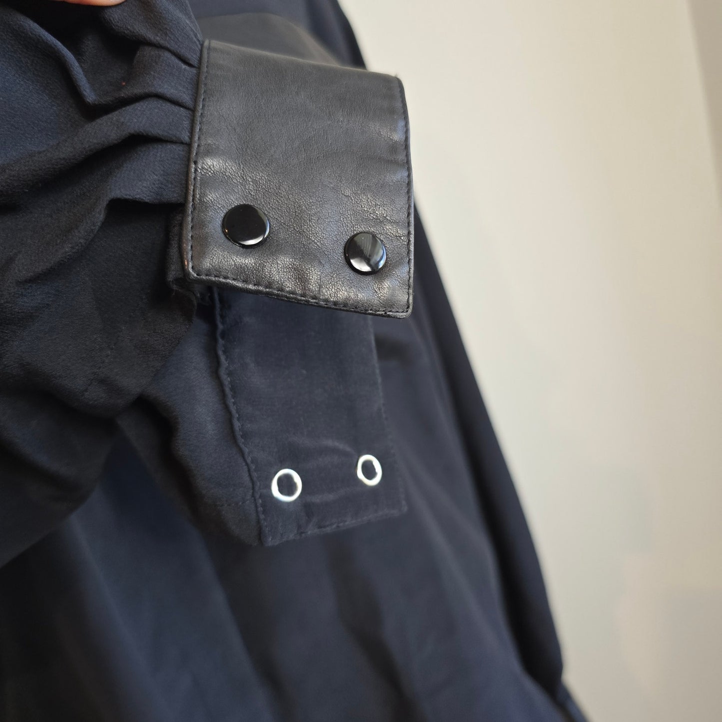 Vintage BOK HAUTE COUTURE Black Button Down Blouse Leather Trim (741)