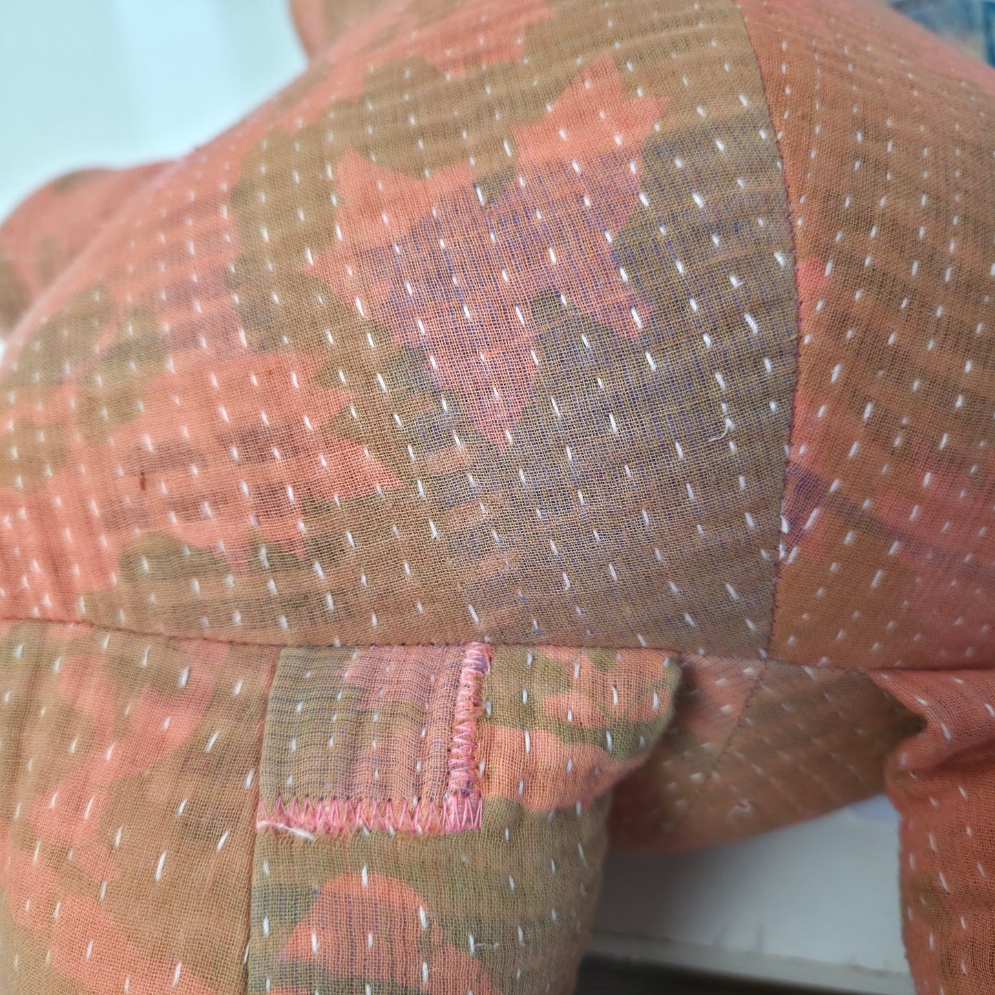 Free People Peach Green Camo Pattern hues Vintage Kantha Quilt Bear