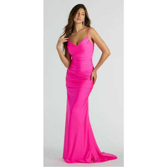 Jamie Formal Cowl Neck Mermaid Dress  NEON PINK / M (739)