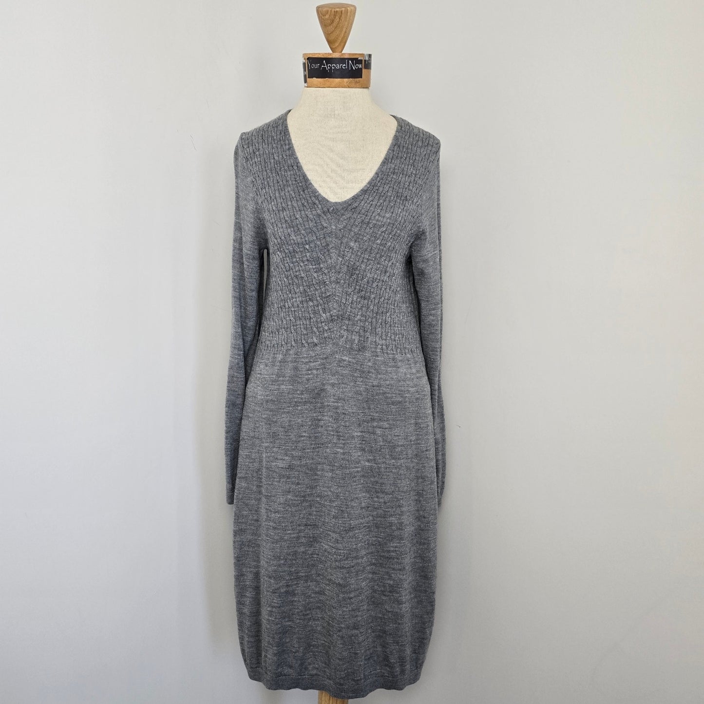 Lands' End Women's Gray V-Neck Long Sleeve Midi Sweater Dress Sz M (643)