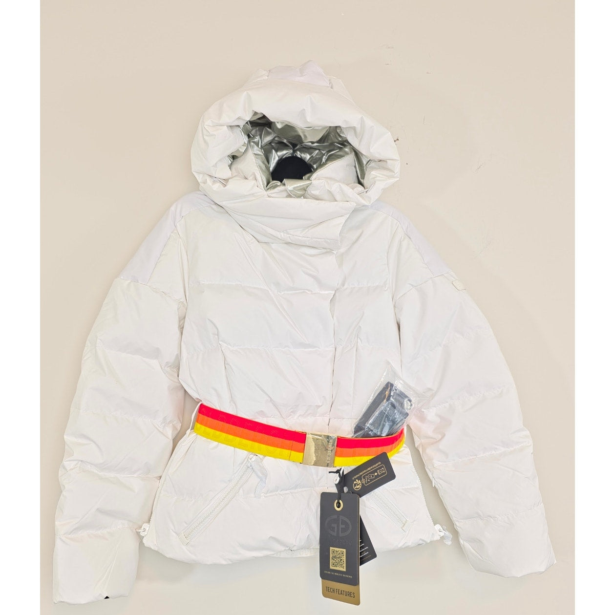 Goldbergh Bufera Quilted Ski Jacket White Hooded Down Puffer Coat Size 8 NWT