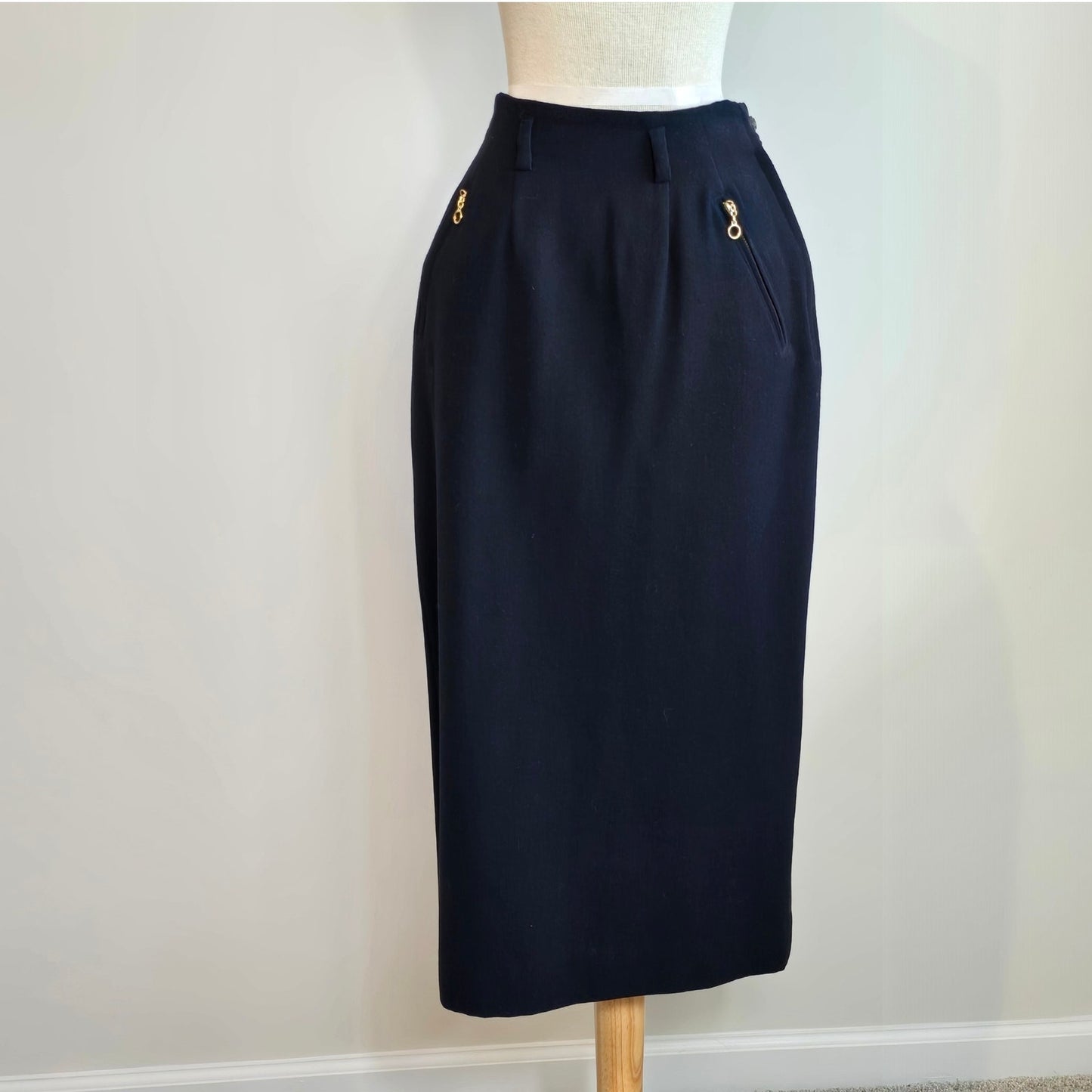 Ralph Lauren Rare Vintage Navy Wool Blend Front Zips Pencil Skirt Sz 4 (778)