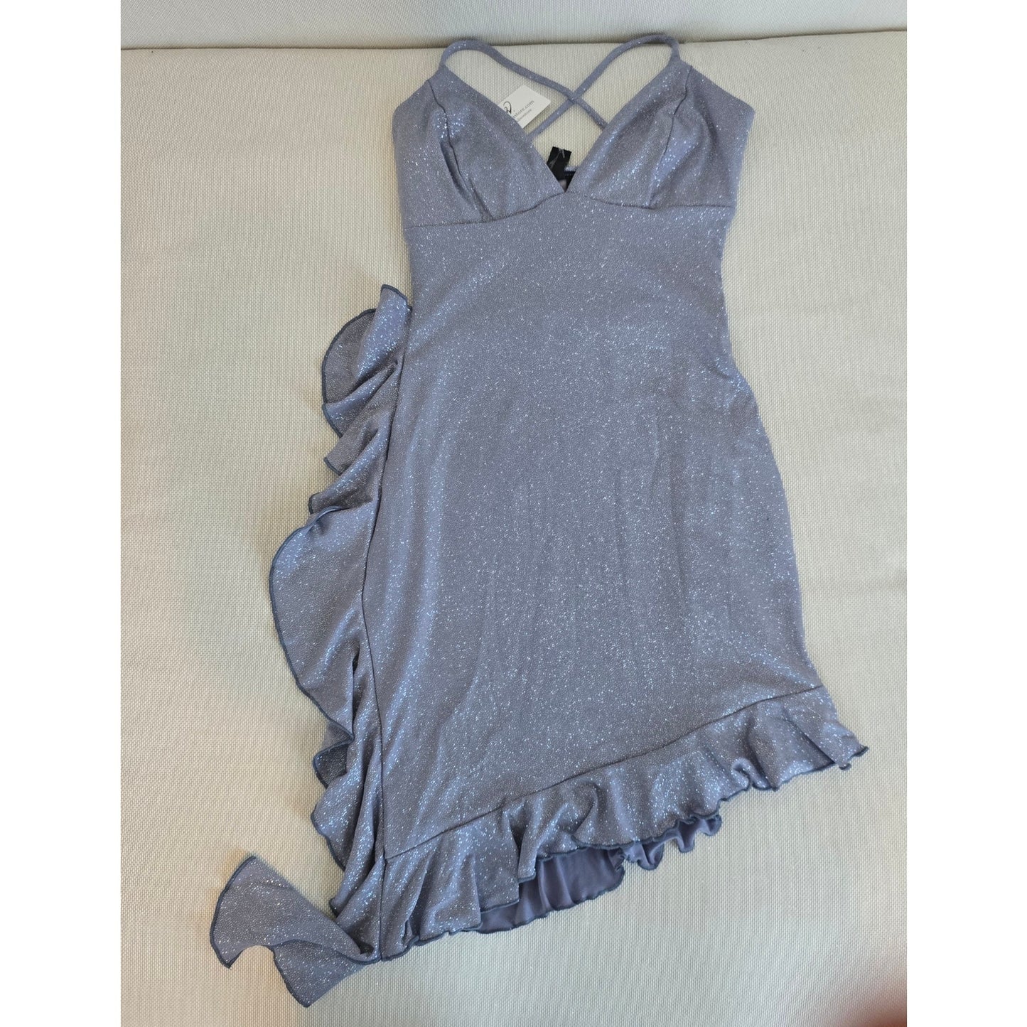 Windsor Baby Blue Sleeveless V-Neck Ruffle Glitter Mini Dress Size Small