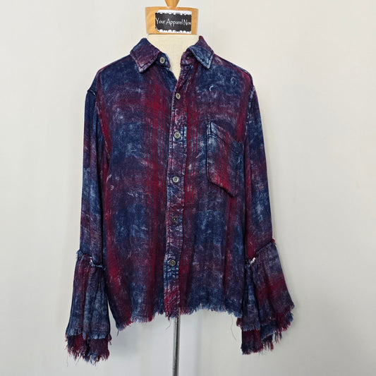 Vintage Havana Blue Red Button Down Long Bell Sleeves w/fringe Top Sz Small (675)