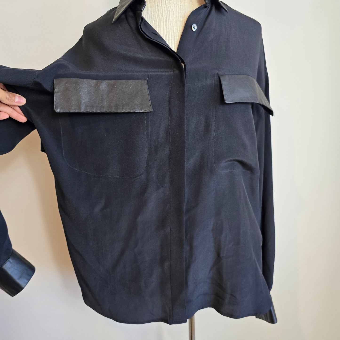 Vintage BOK HAUTE COUTURE Black Button Down Blouse Leather Trim (741)