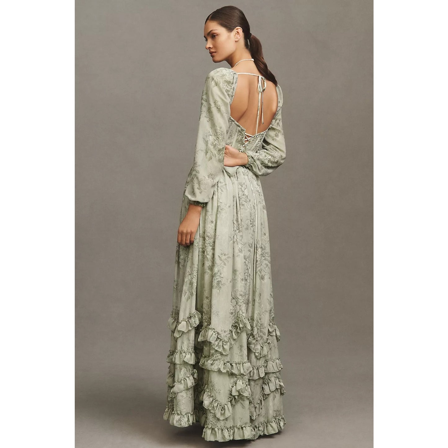 V. Chapman Sage Tapestry Carmella Long Sleeve Corset Chiffon Maxi Dress