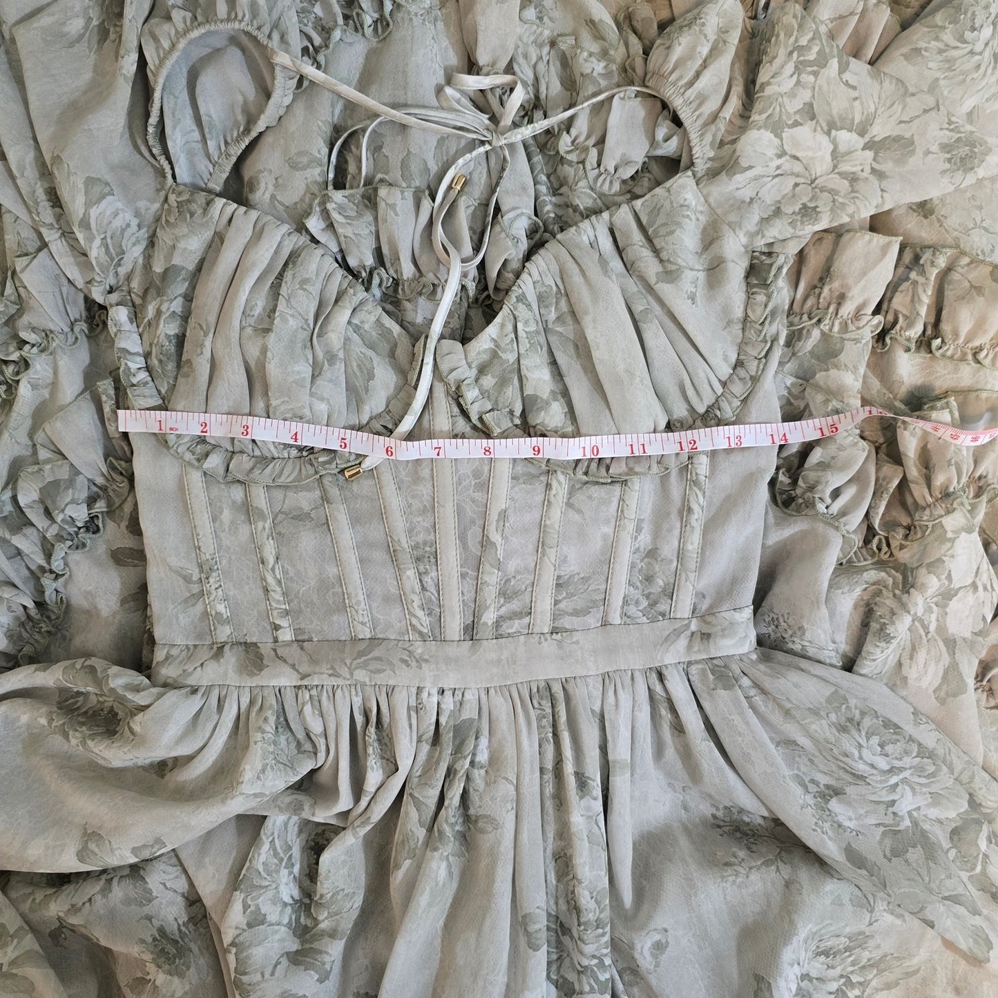 V. Chapman Sage Tapestry Carmella Long Sleeve Corset Chiffon Maxi Dress